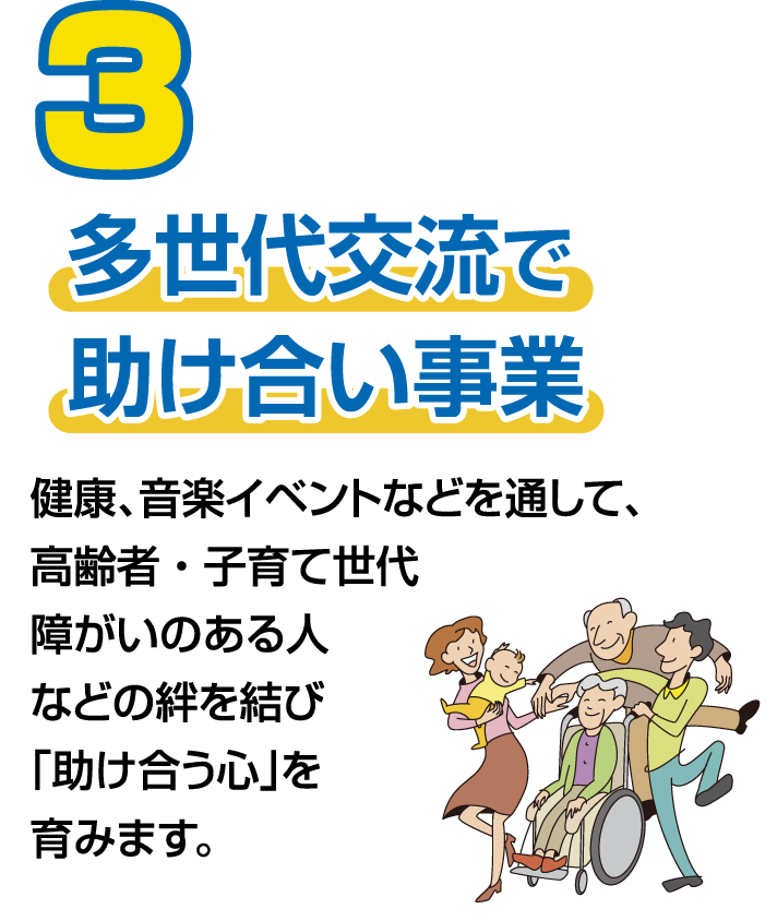 3地域資源を活用した多世代交流 公園や広場の花壇作りや健康イベントなどを通じて、高齢者、子育て世代、障がいのある人など、世代を超えた絆を生み出します。